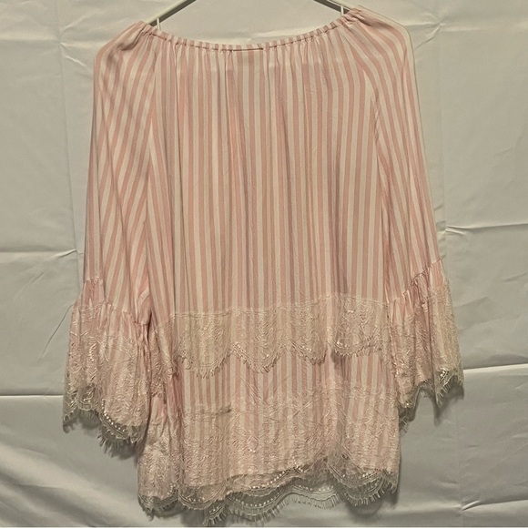 RUBY RD, Women’s, Pink/White Striped with Lace, Long Sleeve Blouse, Size Medium - Picture 2 of 14